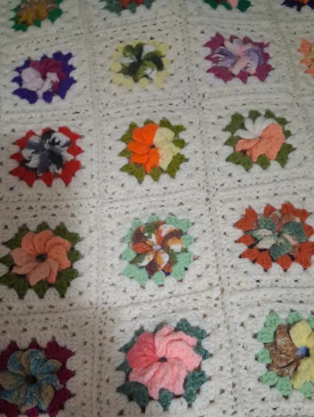 Handmade Crocheted Floral Granny Square Blanket - Cream with Multicolor Flowers